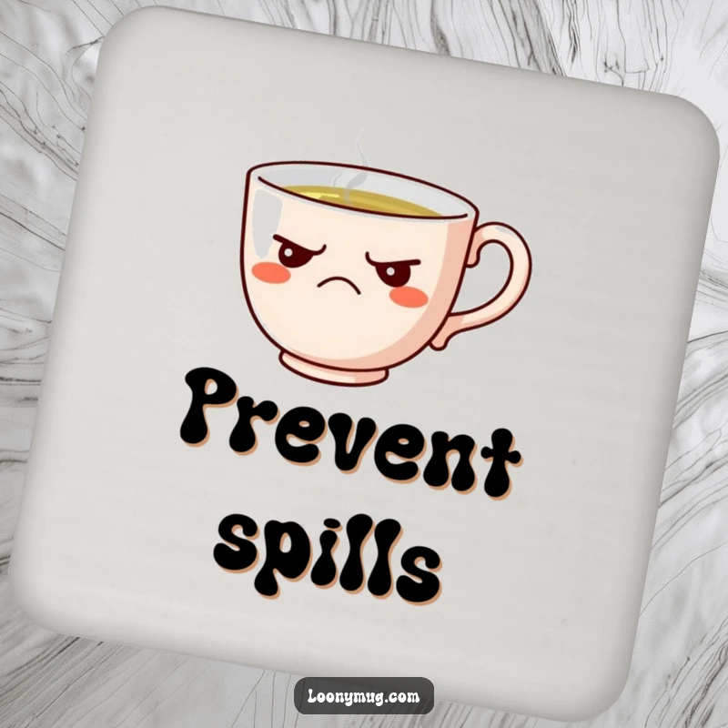 Funny drink coaster featuring a grumpy teacup, perfect for protecting surfaces with sarcastic charm.