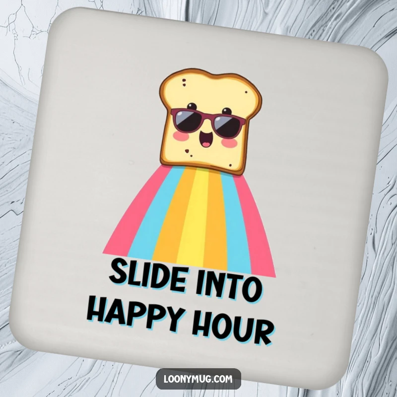 Funny coaster showing a surprised slice of toast wearing sunglasses sliding down a rainbow.