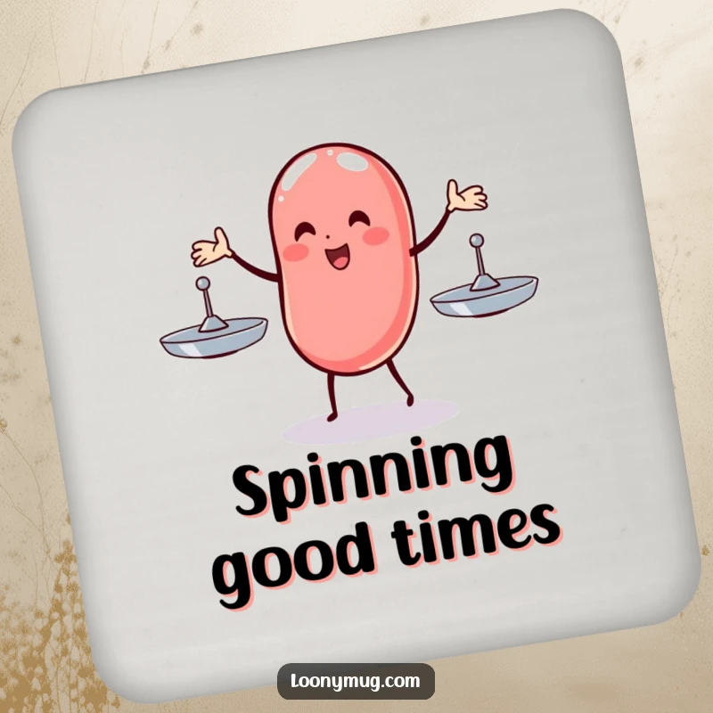 Funny drink coaster featuring a wobbly jelly bean juggling three spinning plates, adding a humorous and protective touch.