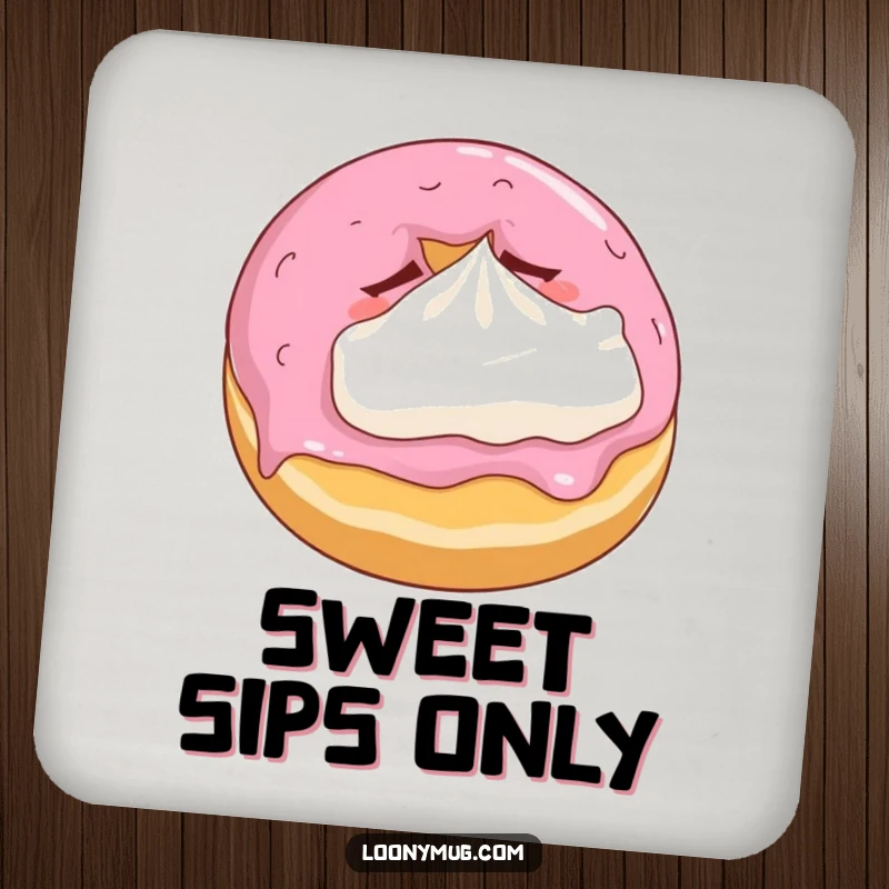 Funny coaster set featuring a sleepy donut hugging a tiny whipped cream pillow, protecting surfaces with charm.