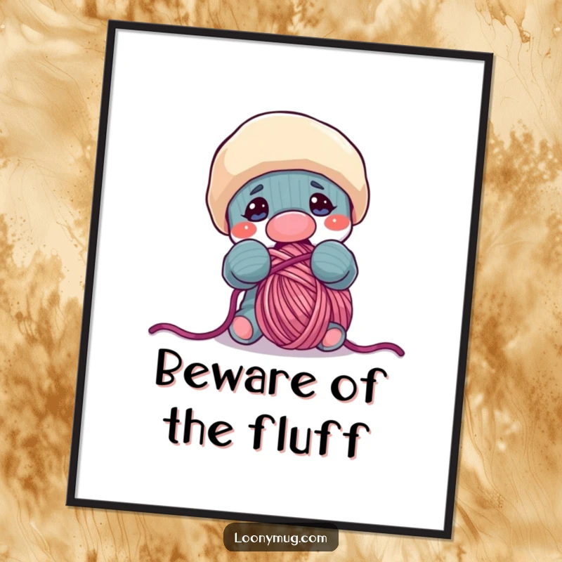 Funny poster print featuring a classic sock puppet with googly eyes, hilariously trying to stuff its mouth with a thick strand of yarn.