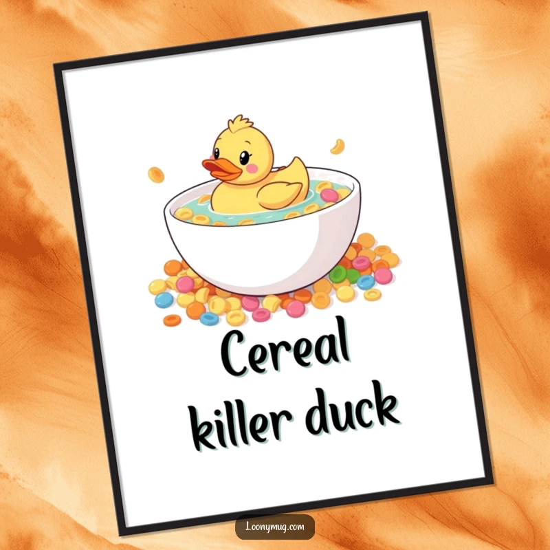 Funny rubber duck floating in a giant cereal bowl, on a poster, whimsical wall art, humorous and curious.