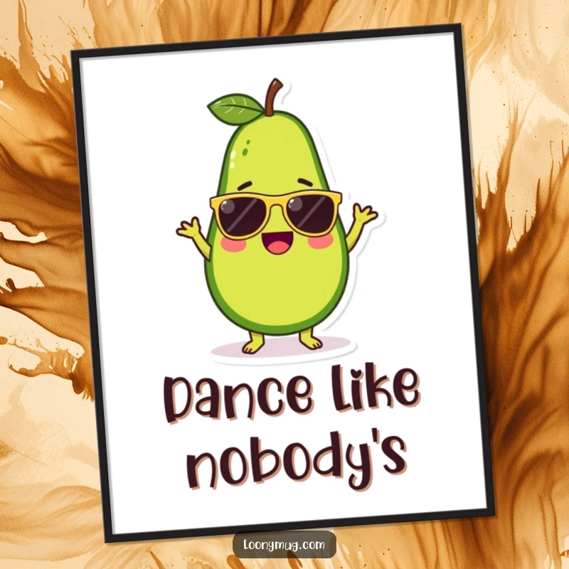 Funny poster art of a cute avocado character wearing sunglasses and grooving in a silly, vibrant dance pose.