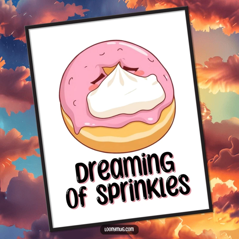 Funny poster print of a cute sleepy donut hugging a small whipped cream pillow, adding a touch of whimsy.