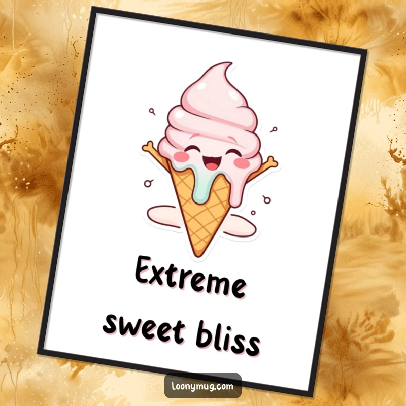 Funny ice cream cone poster character melting dramatically with pure joy, a vibrant and humorous art piece.