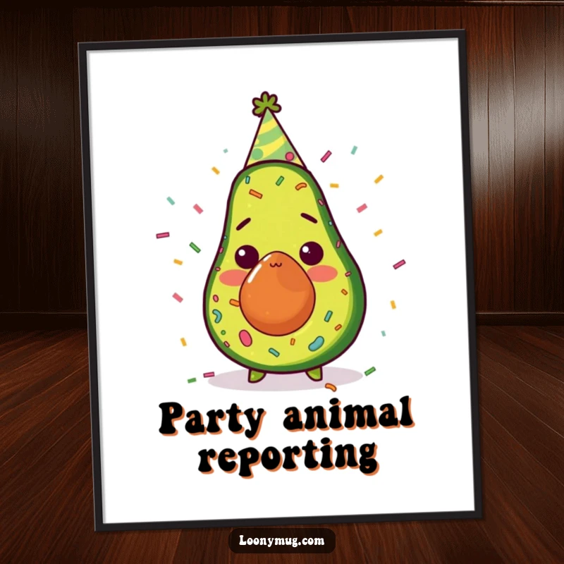 Funny avocado wearing a party hat, covered in confetti, surprised expression, on a poster for wall decor, humorous art.