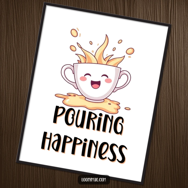Funny poster capturing a cheerful teacup character spilling its contents in a moment of pure, uninhibited excitement.