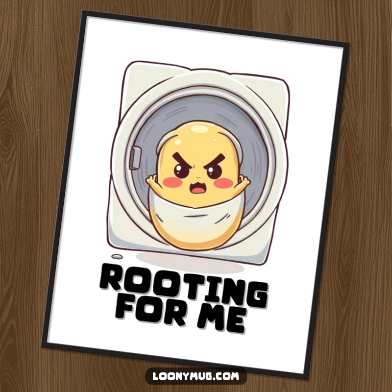 Funny poster print of a determined potato comically rolling down a laundry chute, a humorous piece of wall art.