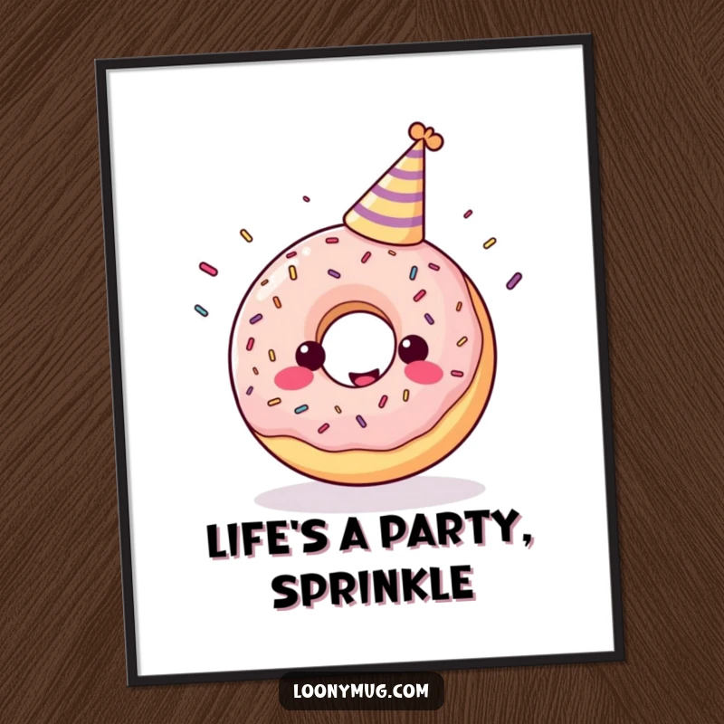 Funny poster showing a cheerful donut in a party hat happily juggling sprinkles.