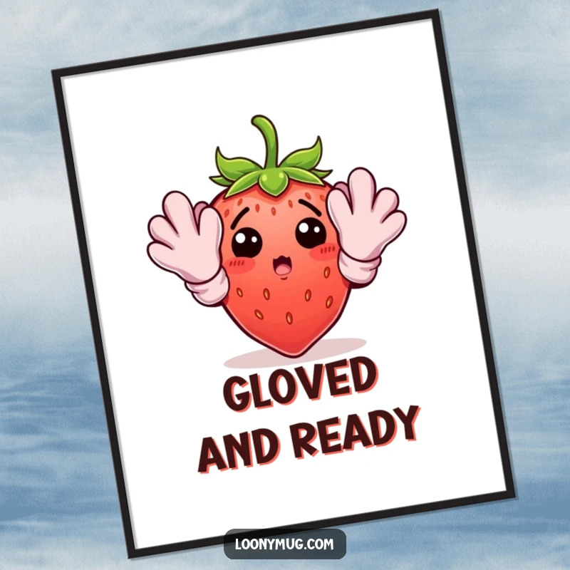 Funny strawberry character in oversized gardening gloves, depicted as a cheerful poster for garden enthusiasts.