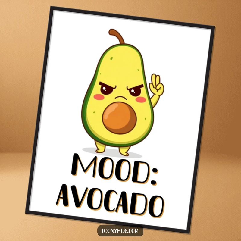 Funny poster of a grumpy avocado character giving a reluctant high-five, capturing a moment of mild and humorous social obligation.