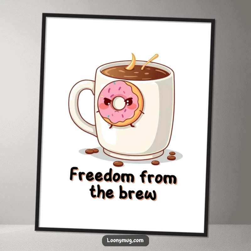 Funny grumpy donut attempting to escape a giant coffee mug, as a witty and humorous wall art print. Great for kitchens.