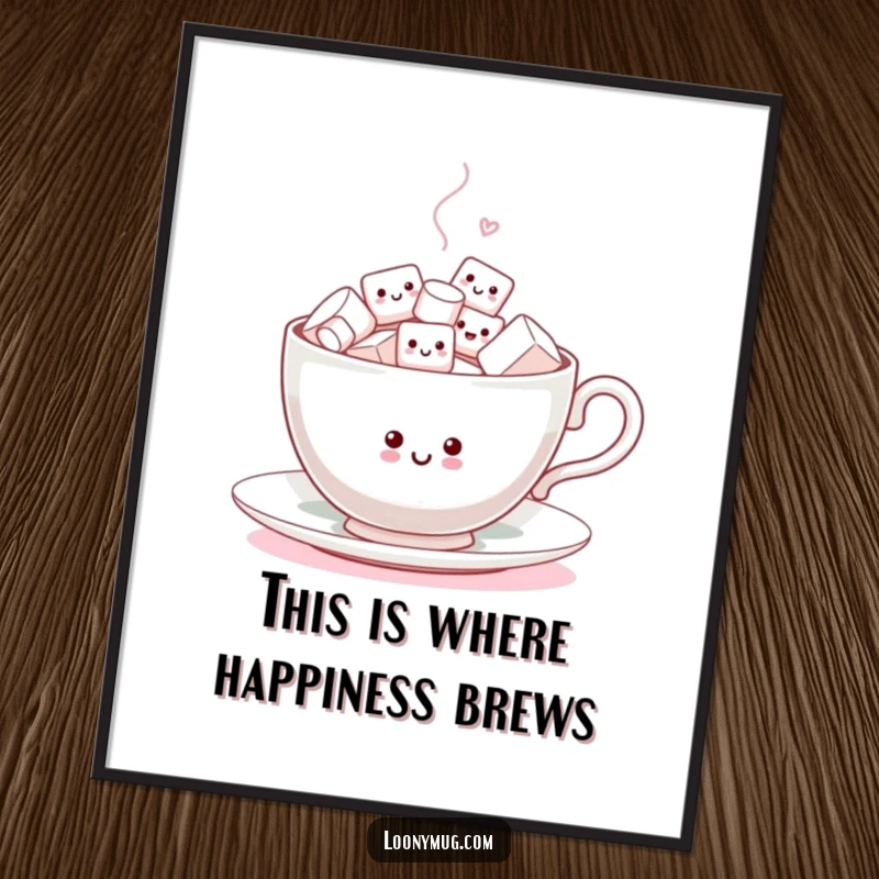 Funny Poster illustrating a joyful teacup packed with tiny, animated marshmallows performing a lively dance, spreading happiness.