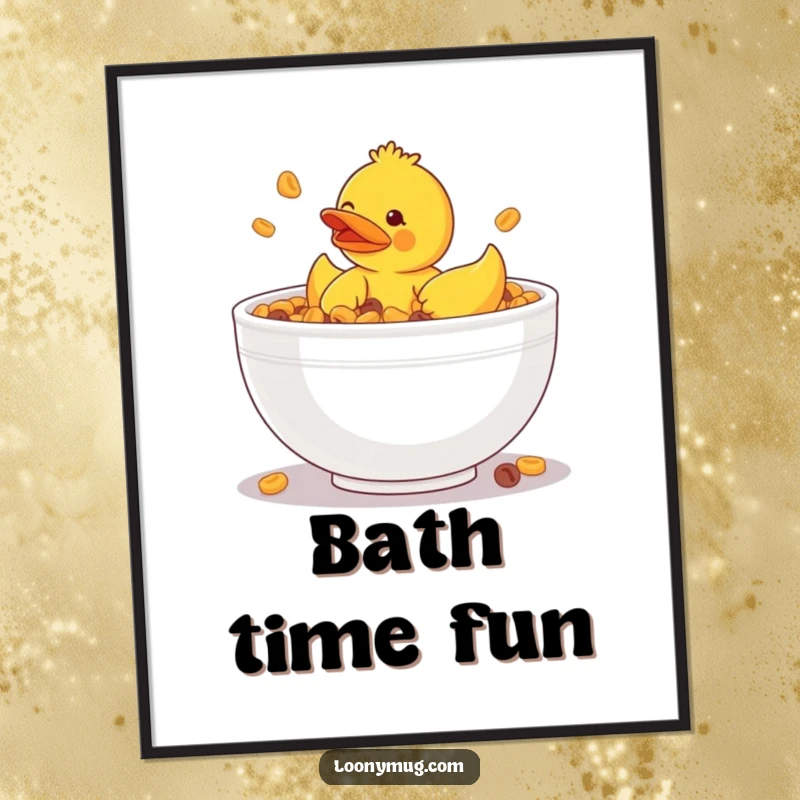 Funny poster featuring a rubber ducky stuck in a giant bowl of cereal, a humorous piece of breakfast art.