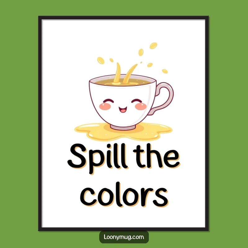 Funny Shy Teacup Poster: Whimsical Wall Art with a Rainbow Tea Spill
