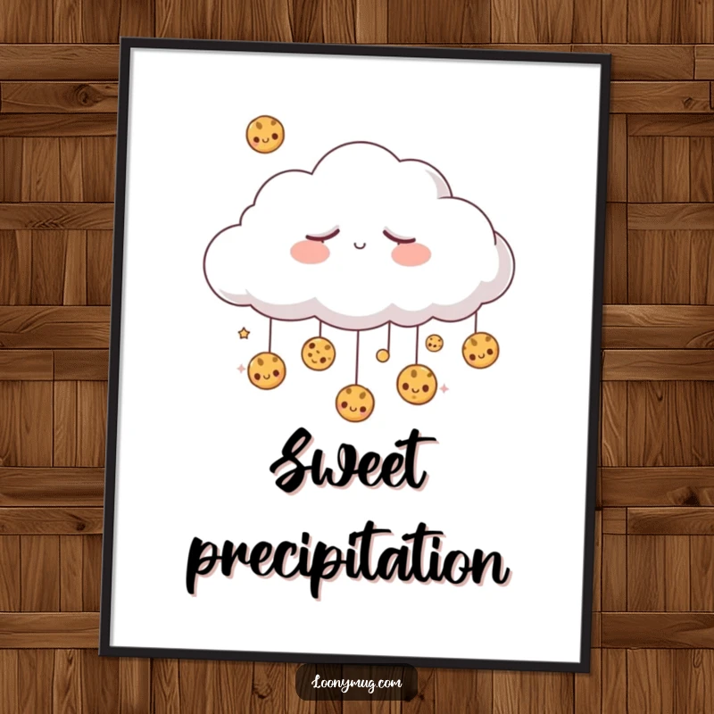Funny sleepy cloud dreaming of raining cookies, presented as whimsical wall art. A delightful and humorous print for any room.