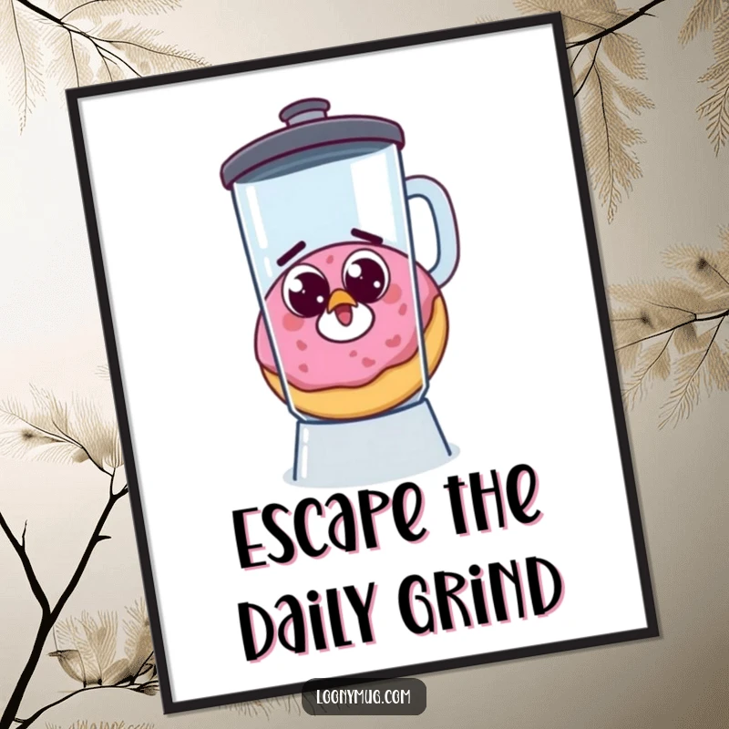 Funny poster of a startled donut with googly eyes, trying to escape a blender, adding whimsical art to any room.