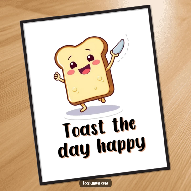 Funny poster art showcasing a happy, dancing slice of toast holding a butter knife, ready to spread positive energy and fun.