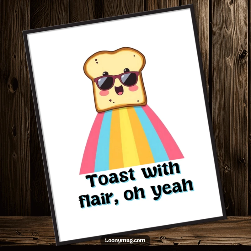 Funny poster showing a surprised slice of toast in sunglasses sliding down a vibrant rainbow.