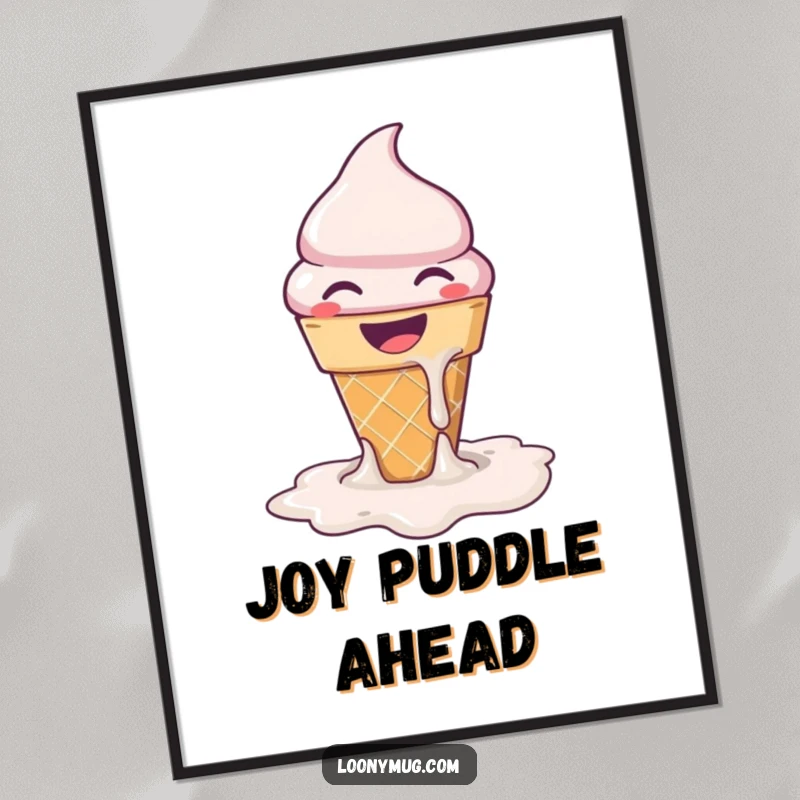 Funny ice cream cone melting into a puddle of joy, depicted as a cheerful poster for sweet decor.