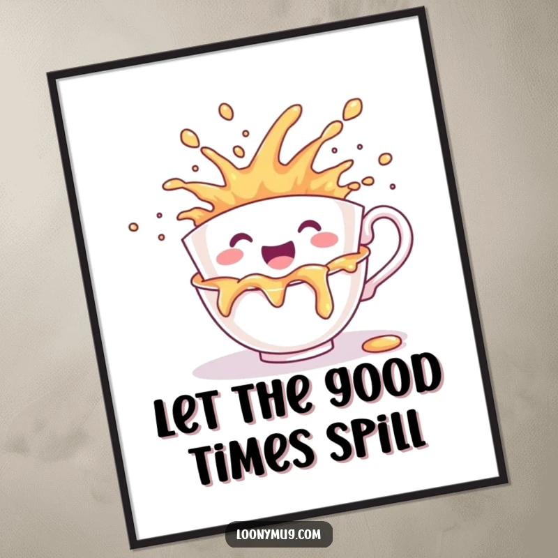 Funny poster illustrating a cheerful teacup character joyfully spilling its contents in a vibrant, explosive manner.