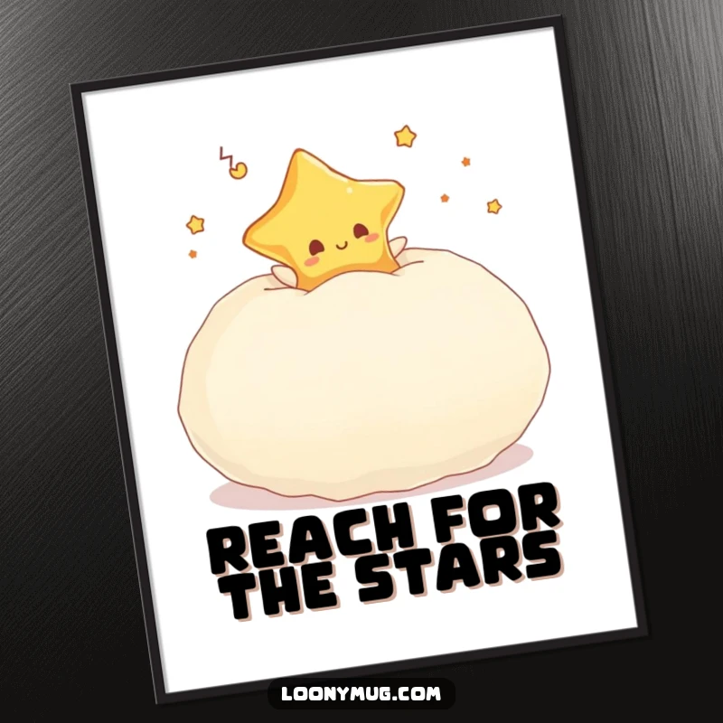 Funny poster of a happy dreaming star character enthusiastically bouncing on a massive, fluffy pillow.