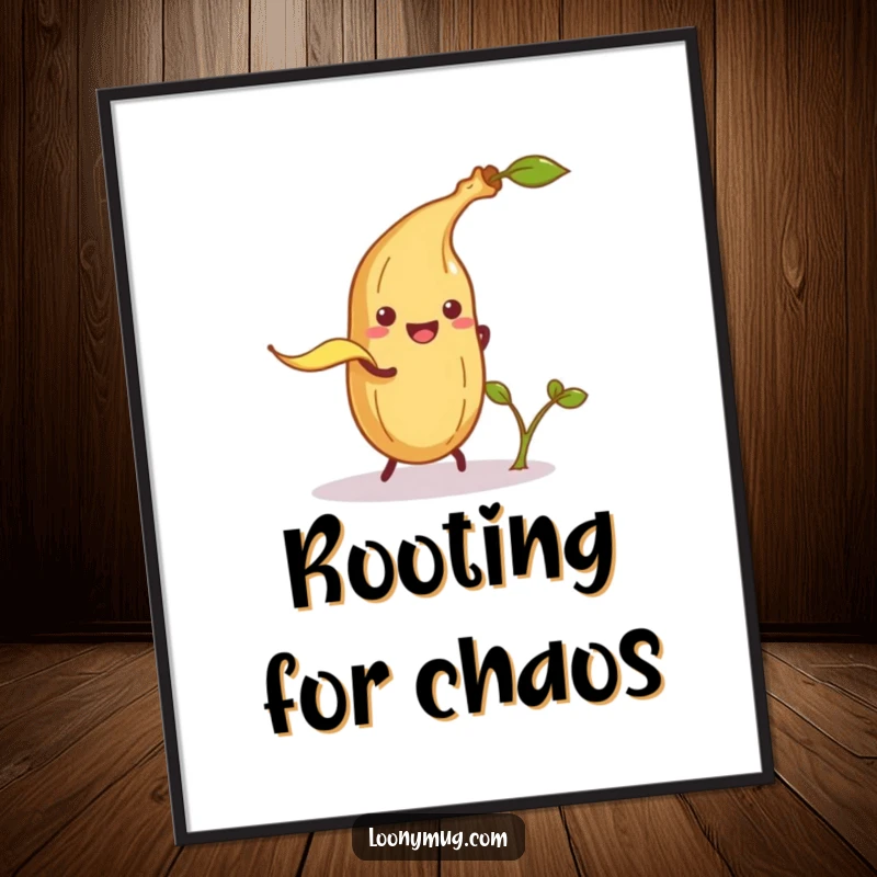 Funny poster of a mischievous banana peel attempting to trip a happy potato sprout, capturing a moment of cartoonish slapstick.