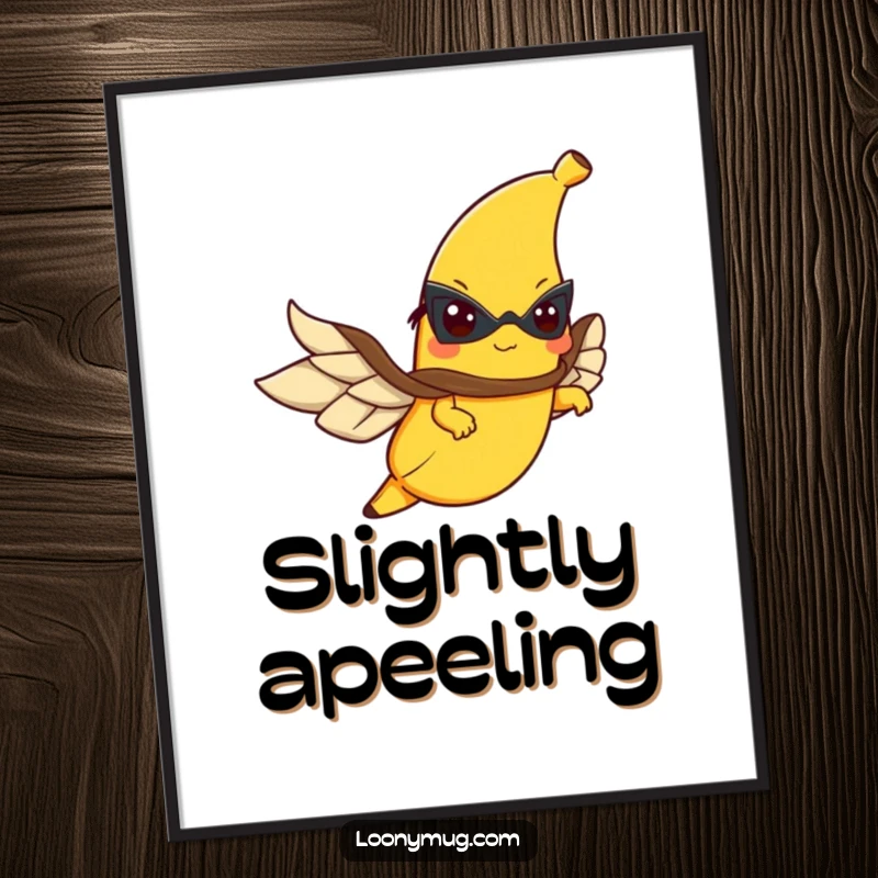 Funny poster featuring a determined banana wearing a cape and flying, symbolizing courage and fruitiness.