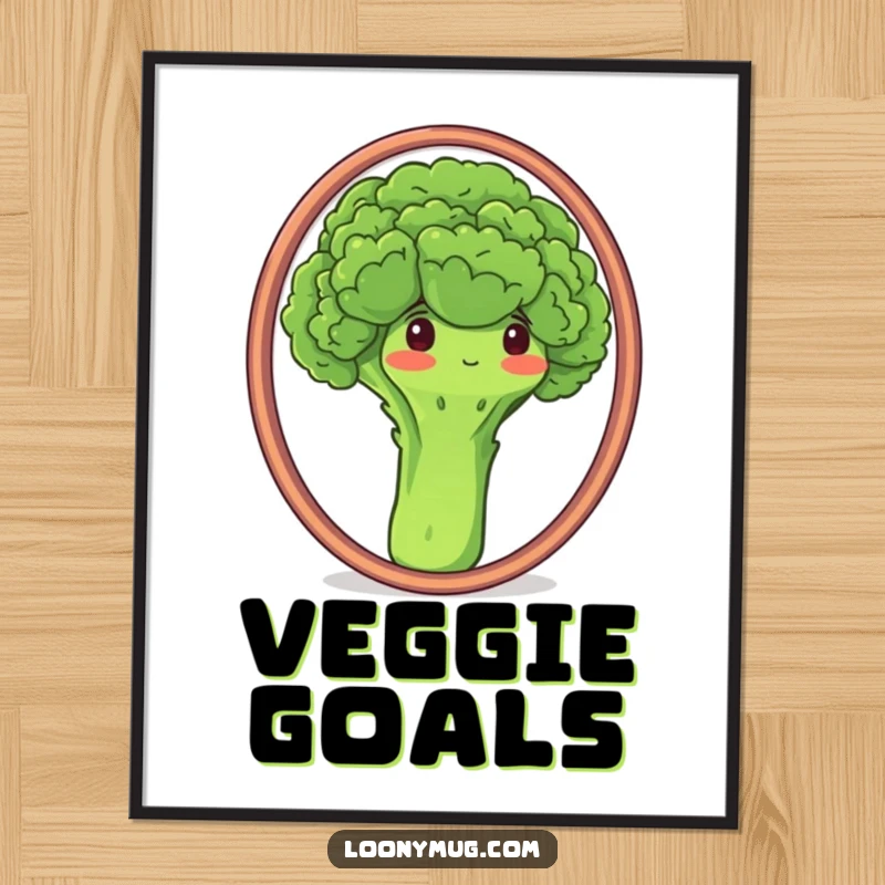 Funny poster featuring a proud broccoli admiring its florets in a mirror, a humorous piece of vegetable art.