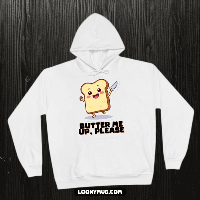 Funny hoodie printed with a jubilant slice of toast mid-dance, cheerfully waving a butter knife, ready to spread some joy.
