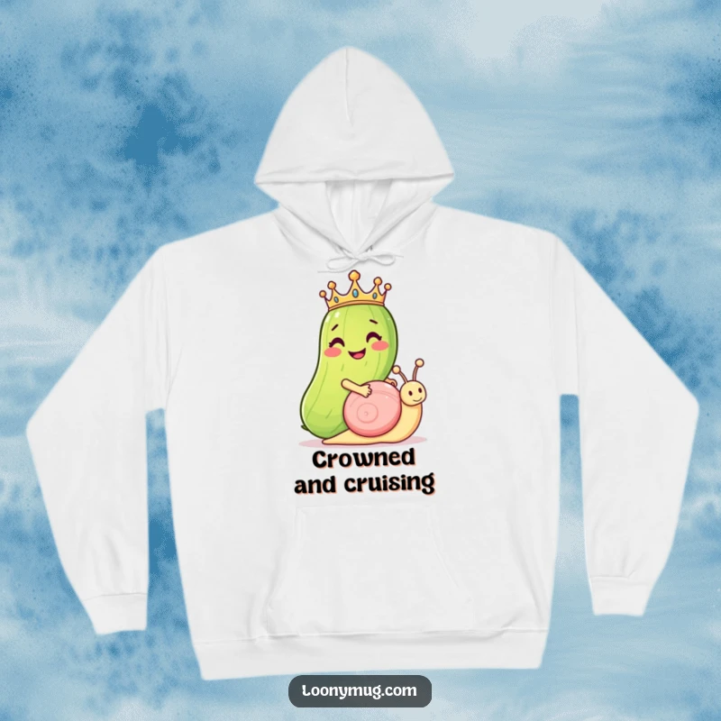 Funny hoodie print: a grinning pickle with a small crown rides a snail, exuding a sense of slow-paced, humorous majesty.