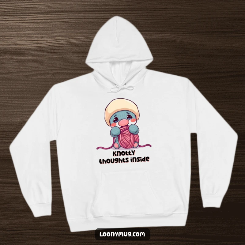 Funny hoodie showing a mischievous sock puppet puppet with big eyes, enthusiastically trying to gobble up a large ball of colorful yarn.