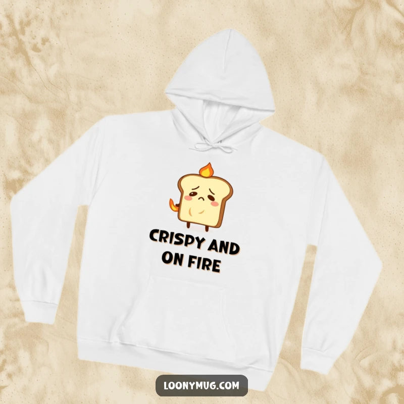 Funny hoodie depicting a nervous slice of toast trying to put out a small fire on its back, a great humorous gift.