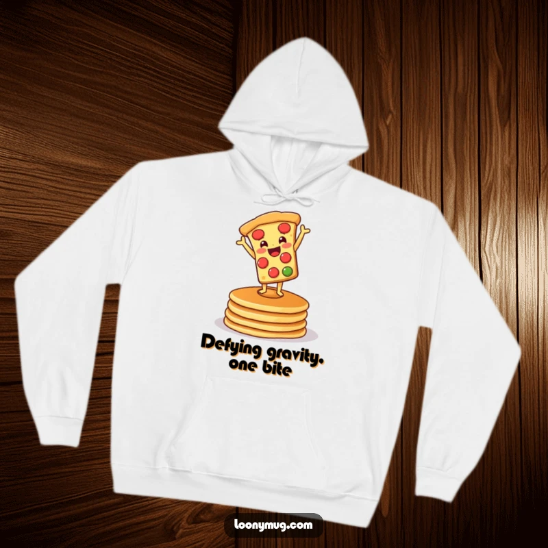 Funny hoodie print of a smiling pizza balancing on a wobbly pancake stack, radiating warmth and breakfast-themed amusement.