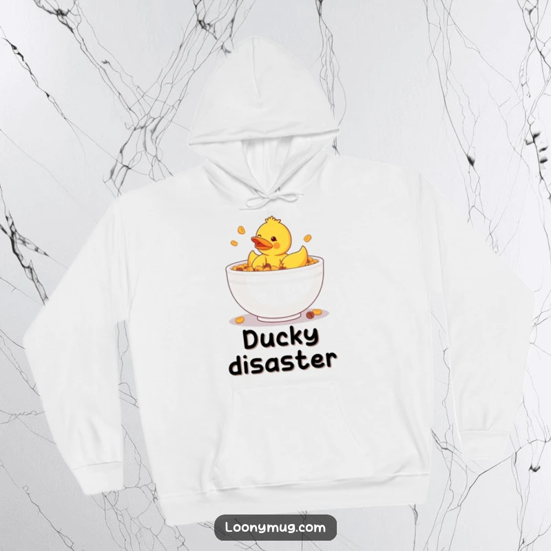 Funny hoodie depicting a rubber ducky hilariously stuck in a giant bowl of cereal, a warm and humorous design.