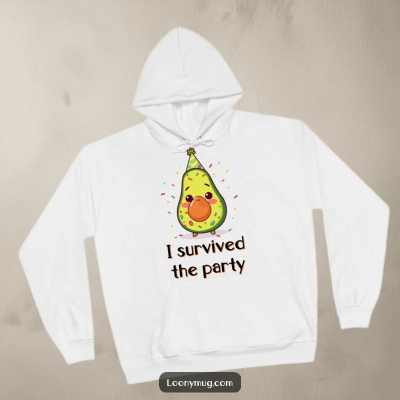 Funny avocado wearing party hat, shocked amidst confetti, on a cozy hoodie, offering warmth and humor, excellent present.