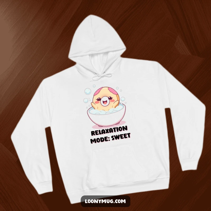 Funny hoodie design of a happy donut character blissfully floating in a bubble bath, embodying pure, sweet joy.