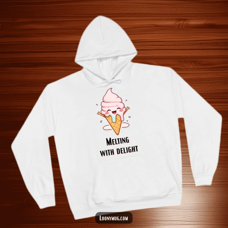 Funny ice cream cone hoodie character melting with dramatic joy, a cozy and humorous apparel choice.