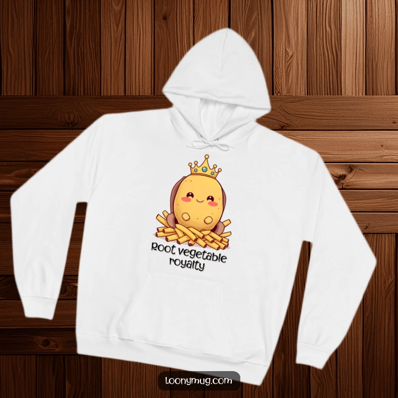 Funny hoodie print of a proud potato wearing a crown and seated on a french fry throne, exuding starchy, humorous authority.