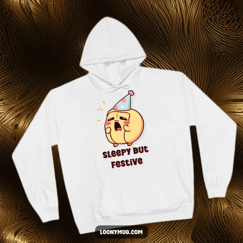 Funny hoodie featuring a sleepy hot dog character yawning with a tiny party hat, embodying pure relaxation.