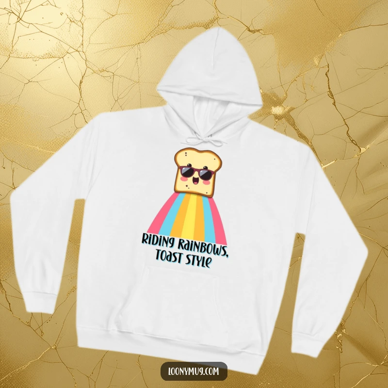 Funny hoodie depicting a surprised slice of toast wearing sunglasses, sliding with glee down a rainbow.