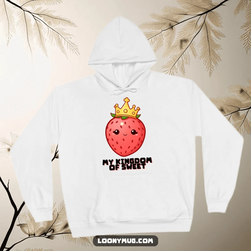 Funny hoodie showcasing a plump strawberry wearing a tiny crown, looking imperious and commanding, a symbol of sweet power.
