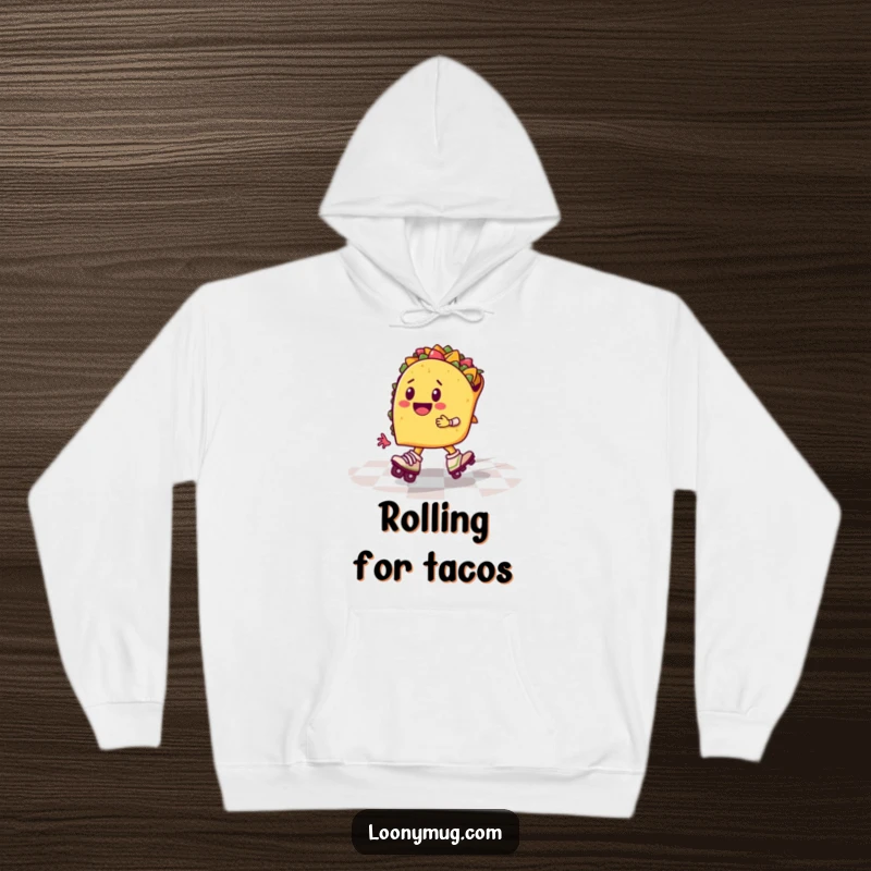 Funny taco wearing roller skates, zooming across a checkered floor, on a hoodie, warm and humorous apparel.