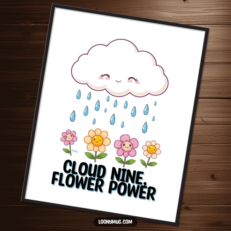 Funny Free Printable Wall Art showcasing a happy cloud raining smiling raindrops onto blooming flowers, a whimsical and cheerful decoration.