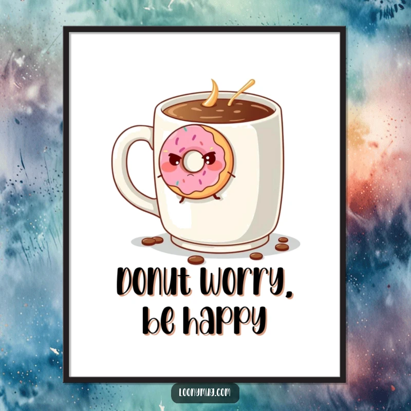 Funny Free Printable Wall Art: Grumpy donut trying to escape a giant coffee mug, ideal for quirky home decor.
