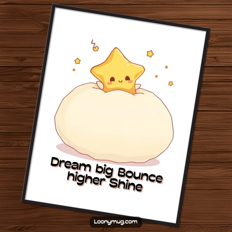 Funny Free Printable Wall Art: A happy dreaming star character bouncing joyfully on an oversized, plush pillow, evoking peace and fun.