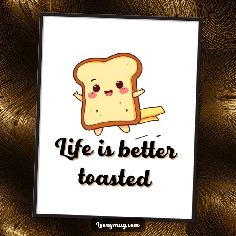 Funny Free Printable Wall Art: Cheerful toast slice riding a runaway butter pat, ideal for quirky home decor.