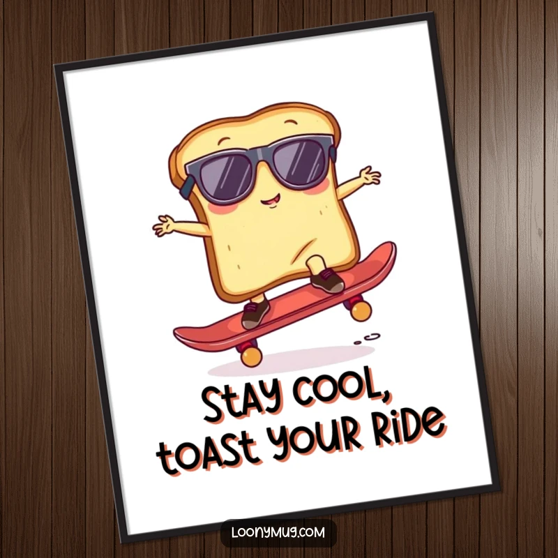 Funny Free Printable Wall Art: A toast in sunglasses attempts a clumsy skateboard trick with flair.