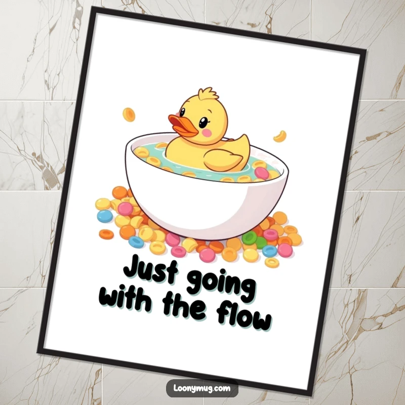 Funny Free Printable Wall Art: A curious rubber duck floats in a giant bowl of cereal, perfect for DIY decor.