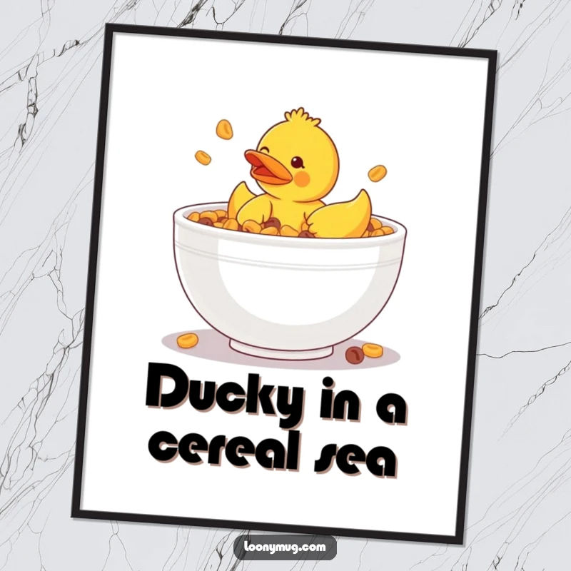 Funny Free Printable Wall Art: Clumsy rubber ducky comically stuck in a giant cereal bowl. Whimsical downloadable art.